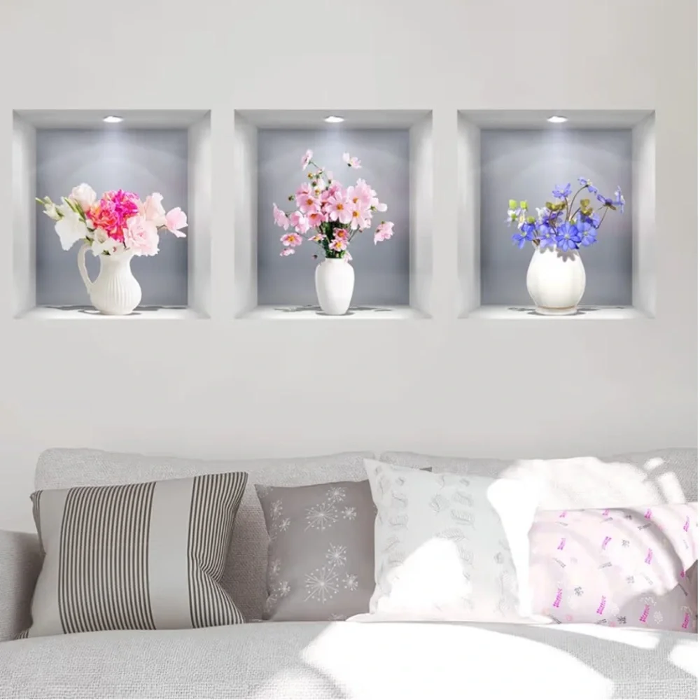 3D wall stickers 12”x12” Plants and flowers in a vase 6 stickers NEW